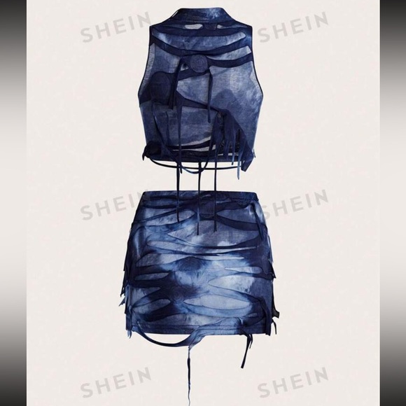 Tie-Dye Distressed Stand Collar Vest And Skirt Two Piece Set - Picture 3 of 9